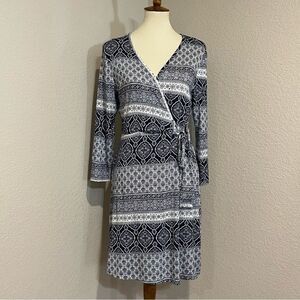 Navy Blue & White Boho Print Wrap Style Long Sleeve Dress Size L Made in USA